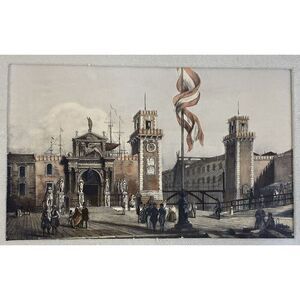 Vintage Framed wall art Lithograph Venice Italy City Landscape L’Arsenal Habnit